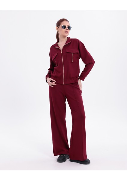 Ekstra Yumuşak Kumaş Fermuarlı Geniş Paçalı Pantolon Görünümlü Şık Günlük Takım