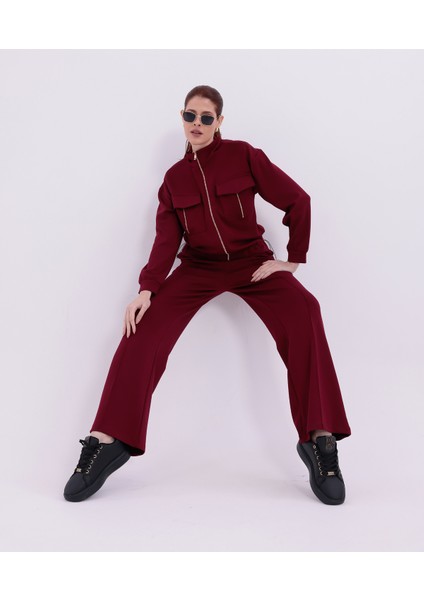 Ekstra Yumuşak Kumaş Fermuarlı Geniş Paçalı Pantolon Görünümlü Şık Günlük Takım