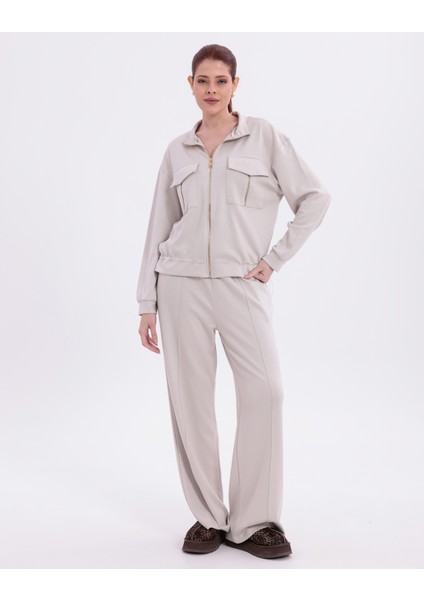 Ekstra Yumuşak Kumaş Fermuarlı Geniş Paçalı Pantolon Görünümlü Şık Günlük Takım