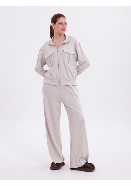 Ekstra Yumuşak Kumaş Fermuarlı Geniş Paçalı Pantolon Görünümlü Şık Günlük Takım