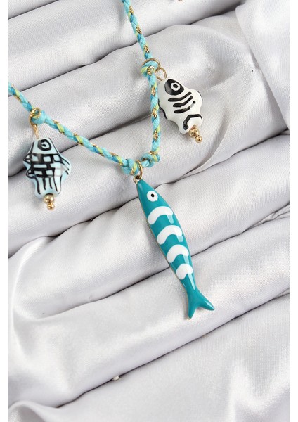 Seramik Motifli Balık Figürlü Model Mavi Ip Kadın Kolye