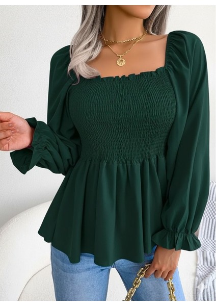 Cottonlab Kadın Uzun Kollu Geometrik Yakalı Gipe Detaylı Krep Bluz