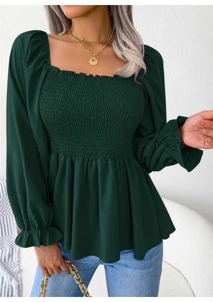 Cottonlab Kadın Uzun Kollu Geometrik Yakalı Gipe Detaylı Krep Bluz modelleri