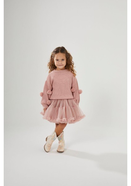 Aplike Detaylı Hırka & Tütülü Etek Takımı – Pembe Kız Çocuk Takımı, 2–8 Yaş