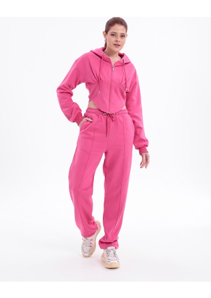 Şardonlu Crop Alt Üst Fermuarlı Lastik Paça Uzun Kol Kapüşonlu Eşofman Takımı fiyatları