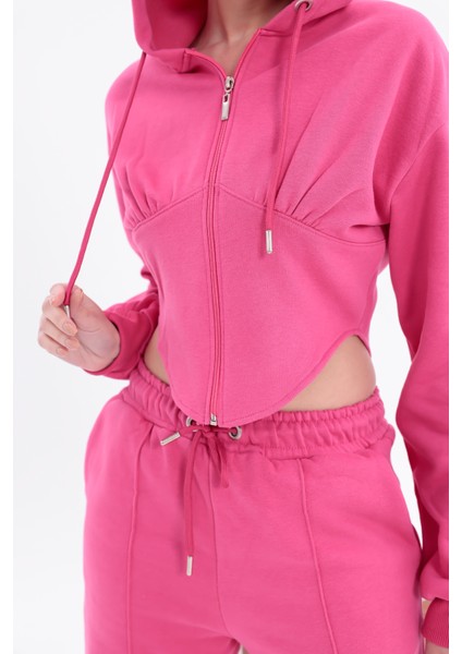 Şardonlu Crop Alt Üst Fermuarlı Lastik Paça Uzun Kol Kapüşonlu Eşofman Takımı fırsatları
