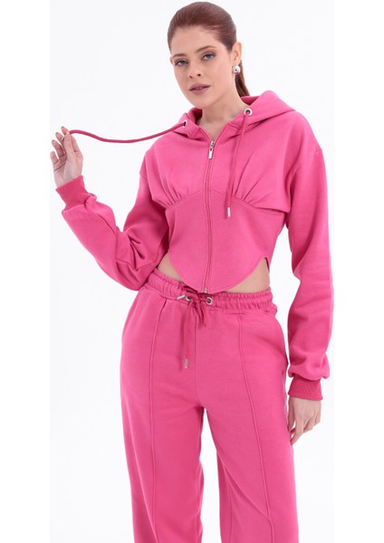 Şardonlu Crop Alt Üst Fermuarlı Lastik Paça Uzun Kol Kapüşonlu Eşofman Takımı indirimleri