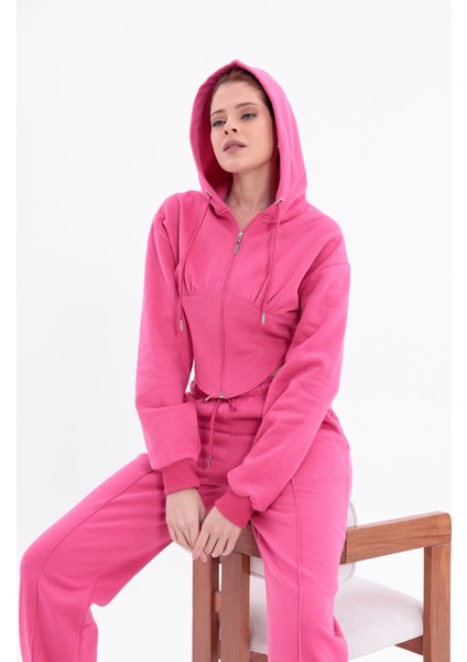 Şardonlu Crop Alt Üst Fermuarlı Lastik Paça Uzun Kol Kapüşonlu Eşofman Takımı