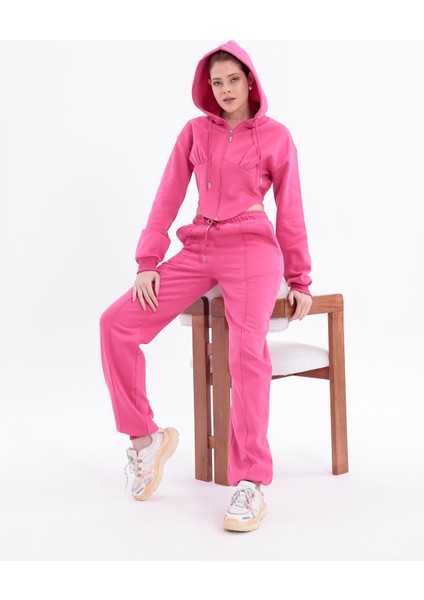 Şardonlu Crop Alt Üst Fermuarlı Lastik Paça Uzun Kol Kapüşonlu Eşofman Takımı