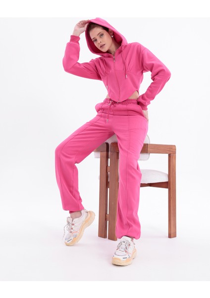 Şardonlu Crop Alt Üst Fermuarlı Lastik Paça Uzun Kol Kapüşonlu Eşofman Takımı