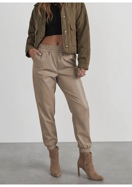 Cottonlab Kadın Yüksek Bel Lastikli Önü Düğmeli Deri Pantolon