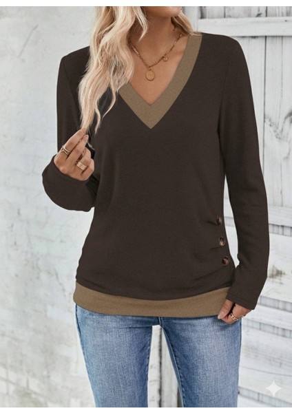 Cottonlab Kadın Uzun Kollu V Yakalı Yandan Düğmeli Yün Viskon Bluz