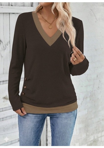 Cottonlab Kadın Uzun Kollu V Yakalı Yandan Düğmeli Yün Viskon Bluz modelleri