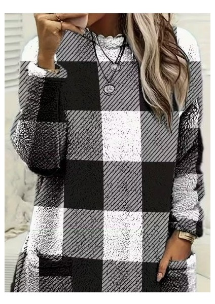 Kadın Uzun Kollu Yarı Balıkçı Yakalı Cep Detaylı Ekoseli Dokuma Tunik fiyatları