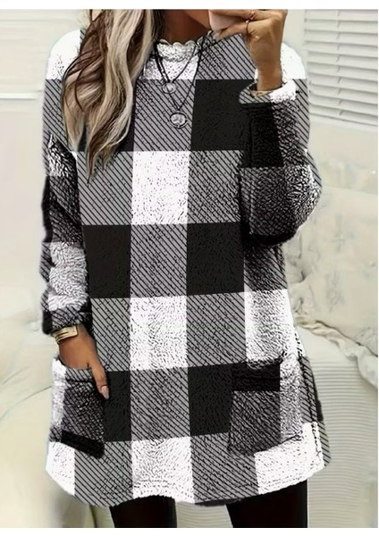 Kadın Uzun Kollu Yarı Balıkçı Yakalı Cep Detaylı Ekoseli Dokuma Tunik modelleri