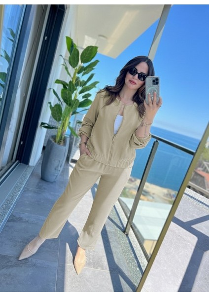 Cottonlab Kadın Uzun Kollu Önden Fermuarlı Modal Ceket ve Pantolon Ikili Takım