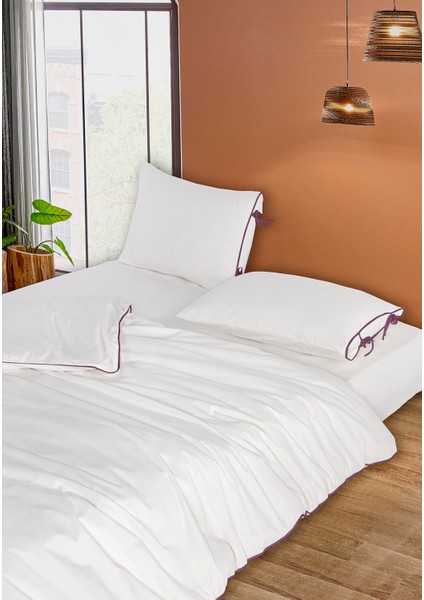 Elite Biyeli %100 Pamuk Nevresim Takımı Tek Kişilik Ekru Mor 160X220CM