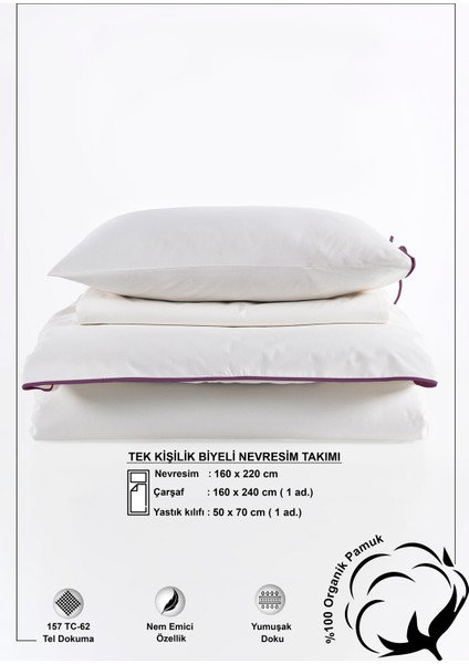 Elite Biyeli %100 Pamuk Nevresim Takımı Tek Kişilik Ekru Mor 160X220CM