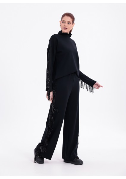 Boncuklu Pullu Püsküllü Yarım Balıkçı Yaka Alt Üst Şık Tasarım Takım