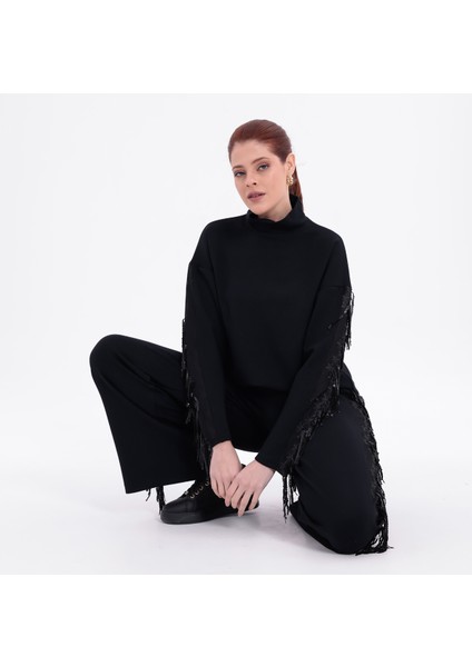 Boncuklu Pullu Püsküllü Yarım Balıkçı Yaka Alt Üst Şık Tasarım Takım