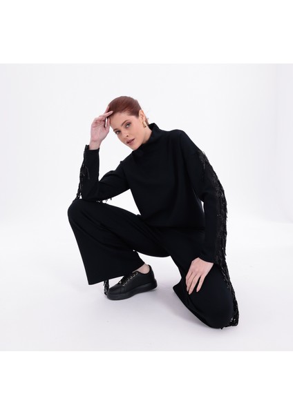 Boncuklu Pullu Püsküllü Yarım Balıkçı Yaka Alt Üst Şık Tasarım Takım