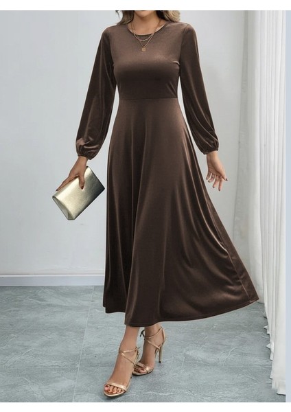 Cottonlab Kadın Uzun Kollu Bisiklet Yaka Midi Kadife Elbise