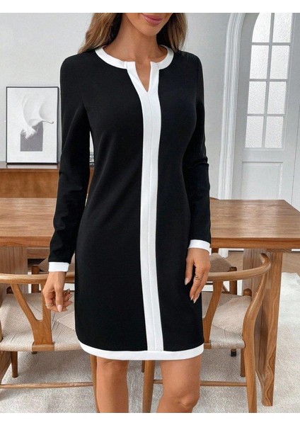 Kadın Uzun Kollu Yuvarlak V Yakalı Şerit Detaylı Modal Mini Elbise fiyatları