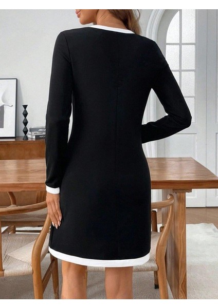 Kadın Uzun Kollu Yuvarlak V Yakalı Şerit Detaylı Modal Mini Elbise indirimleri