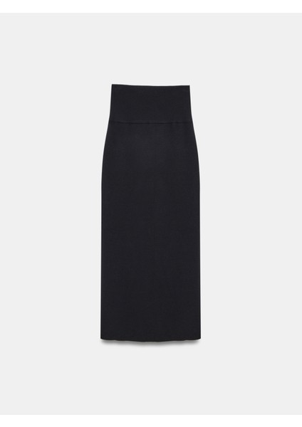 80127 Aksesuar Detaylı Yırtmaçlı Triko Etek-Siyah