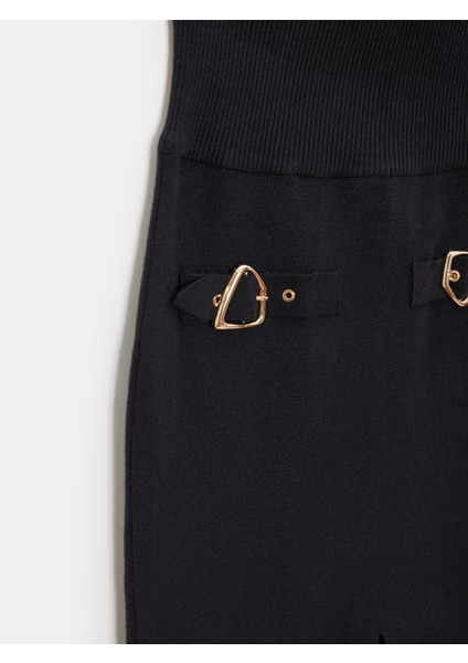 80127 Aksesuar Detaylı Yırtmaçlı Triko Etek-Siyah