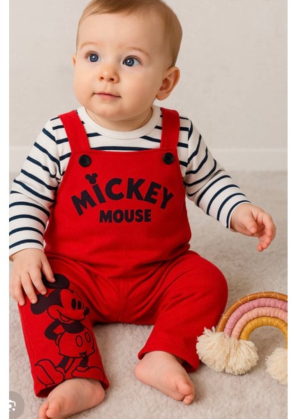 Erkek Bebek Yeni Doğan Mickey Baskılı Badili Salopet Takım