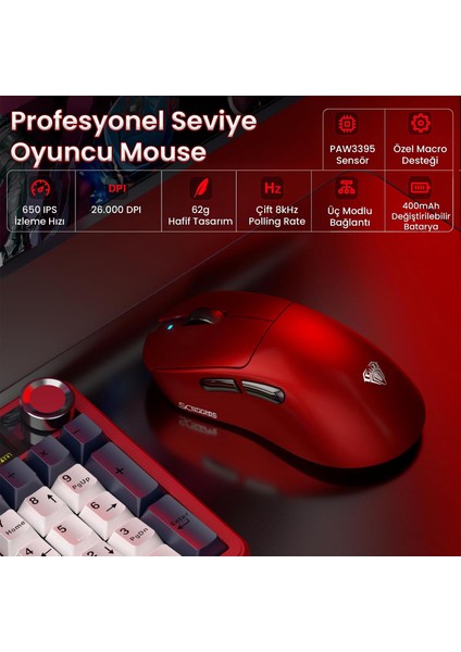 SC900 Max PAW3395 Sensör 30000 Dpı 8000Hz Kablolu ve Kablosuz Gaming Oyuncu Mouse Kırmızı fiyatları
