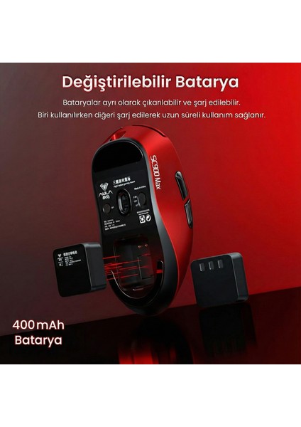 SC900 Max PAW3395 Sensör 30000 Dpı 8000Hz Kablolu ve Kablosuz Gaming Oyuncu Mouse Kırmızı indirimleri