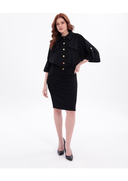 Süet Çıtçıtlı Cepli Polo Yaka Truvakar Kol Detaylı Crop Bomber Ceket