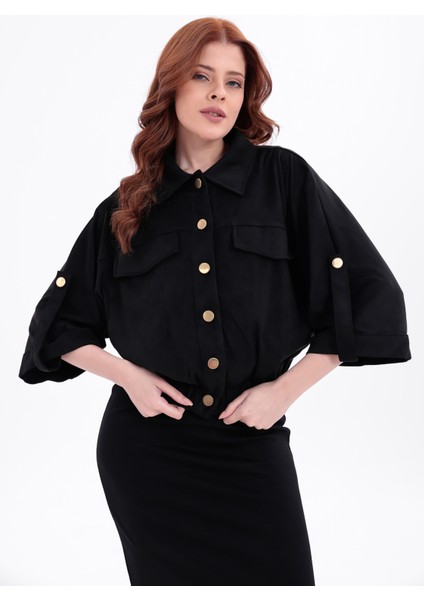 Süet Çıtçıtlı Cepli Polo Yaka Truvakar Kol Detaylı Crop Bomber Ceket indirimleri