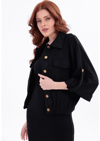 Süet Çıtçıtlı Cepli Polo Yaka Truvakar Kol Detaylı Crop Bomber Ceket