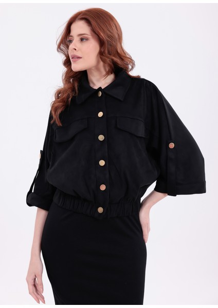 Süet Çıtçıtlı Cepli Polo Yaka Truvakar Kol Detaylı Crop Bomber Ceket