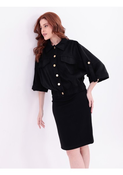 Süet Çıtçıtlı Cepli Polo Yaka Truvakar Kol Detaylı Crop Bomber Ceket