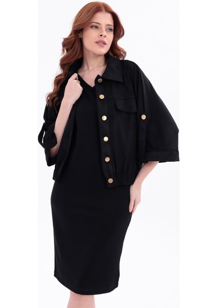 Süet Çıtçıtlı Cepli Polo Yaka Truvakar Kol Detaylı Crop Bomber Ceket