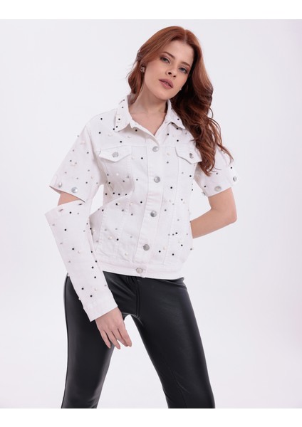 Denim Jean Taşlı Cepli Çıtçıtlı Çıkarılabilir Kol Detaylı Düğmeli Kot Ceket