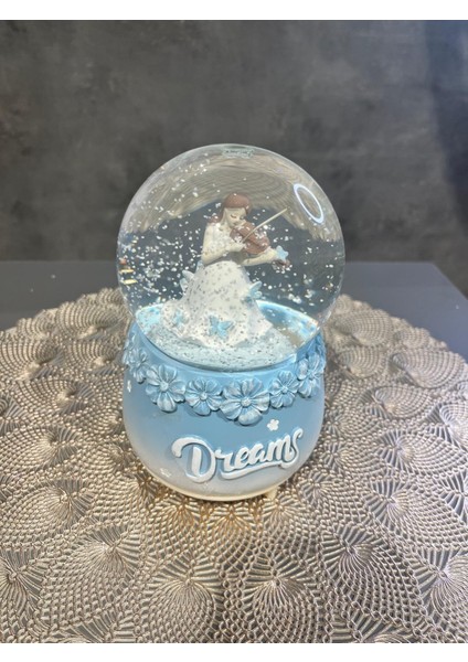 Mavi Keman -Pembe Flüt Çalan Sevimli Kız Kar Küresi Orta Boy