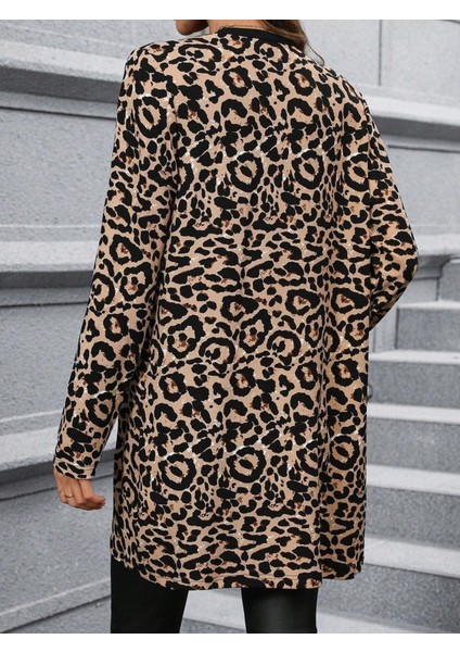 Cottonlab Kadın Uzun Kollu Önü Açık Leopar Desenli Modal Ceket modelleri