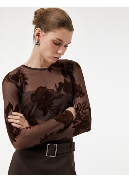 Uzun Kollu Bisiklet Yaka Çiçekli Tül Transparan Bluz fiyatları