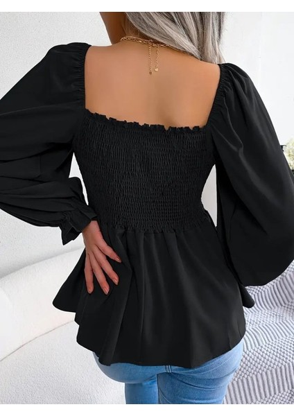 Cottonlab Kadın Uzun Kollu Geometrik Yakalı Gipe Detaylı Krep Bluz fırsatları