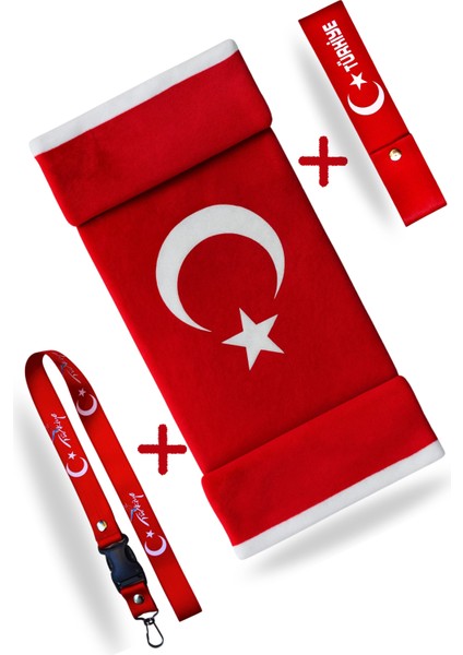 Türk Bayrak'lı Oto Torpido & Pandizot Üstü Peluş Halı / Oto Ayna Askısı / Tampon Dili & Çeki Ipi