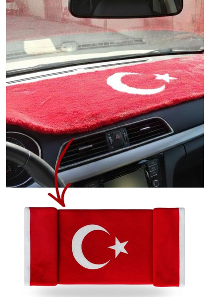 Türk Bayrak'lı Oto Torpido & Pandizot Üstü Peluş Halı / Oto Ayna Askısı / Tampon Dili & Çeki Ipi