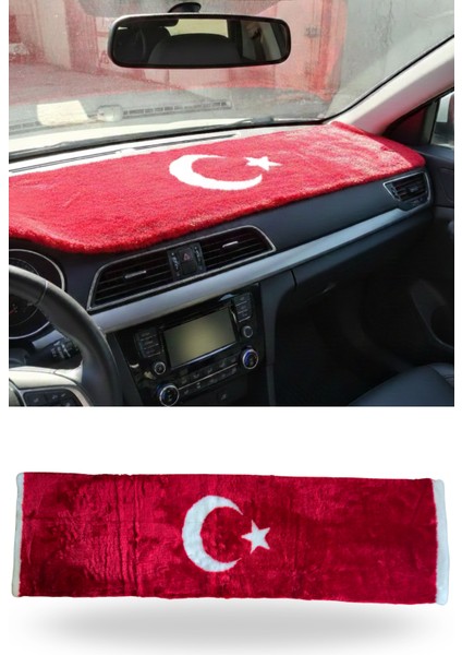 Türk Bayraklı & Ayyıldız Desenli Uzun Tüylü Yumuşak Torpido - Pandizot Koruyucu Pelüş Örtü Halı fırsatları