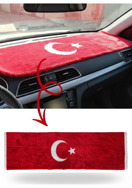 Türk Bayraklı & Ayyıldız Desenli Uzun Tüylü Yumuşak Torpido - Pandizot Koruyucu Pelüş Örtü Halı