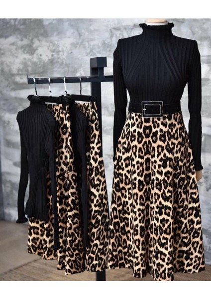 Cottonlab Kadın Beli Lastikli Leopar Desenli Krep Kumaş Efsane Etek Kemersiz fiyatları