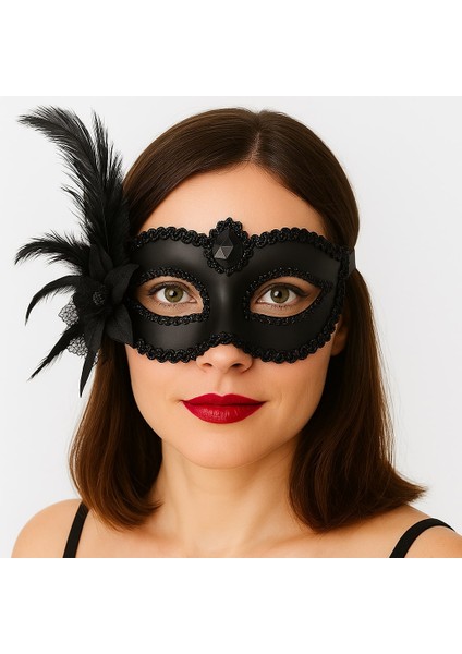 Siyaat Renk Yandan Tüylü Güllü Parti B Venedik Maskesi 16 x 22 cm